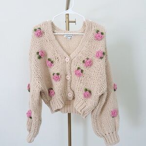 Breath of Youth Pretty Garbage Brand Pink Floral Knit Chunky Cardigan